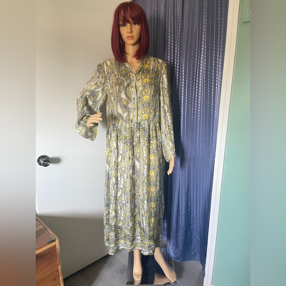 PAMELA BARISH 100% Silk Dress Yellow Gray Maxi Renaissance Bohemian 8